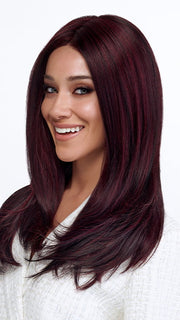 Model is wearing LEADING EDGE by TRESSALLURE in color 1B/BURG | Black with Burgundy
