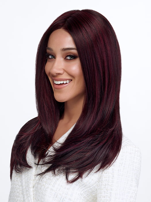 Model is wearing LEADING EDGE by TRESSALLURE in color 1B/BURG | Black with Burgundy