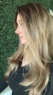 Carly N. @carlynwilson84 wearing LENNOX by RENE OF PARIS in color MOCHACCINO-LR | Longer dark root with light brown base and strawberry blonde highlights