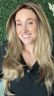 Carly N. @carlynwilson84 wearing LENNOX by RENE OF PARIS in color MOCHACCINO-LR | Longer dark root with light brown base and strawberry blonde highlights