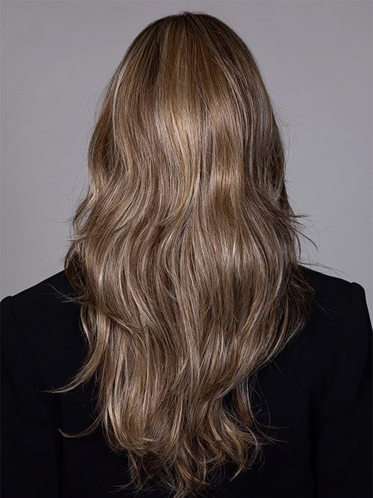 Model is wearing LILLY in BROWN SUGAR SWEET CREAM | Multi-Dimensional Cool Medium Brown Base with Soft Creamy Blonde Highlights and Pale Ash Brown Lowlights (Not offered in this color. For illustration purposes only.)