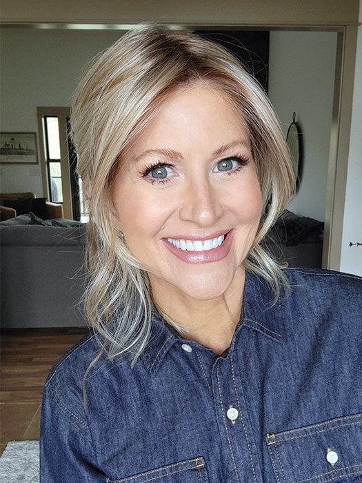 Natalie Gray @vanish.into.thin.hair wearing LORYN by RENE OF PARIS (styled) in color SEA-SALT-BLOND-R | A perfect mixture of cool, icy-blond and warm-dark blond. The rich brown root tone enhances the modern appearance
