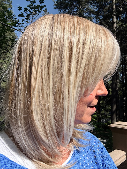 Susan Sparks @sparkles_intheworld wearing LUNA by ELLEN WILLE in color LIGHT-CHAMPAGNE-SHADED 101.23.20 | Lightest Neutral Blonde with Light Blonde and Silver White blend with light shaded roots