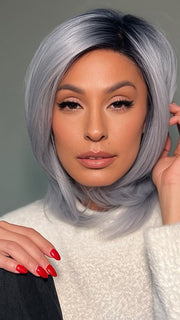 Roxie wearing LUXE SLEEK by RENEN OF PARIS in FROZEN-SAPPHIRE | Icy Blue Base with Indigo Black Roots