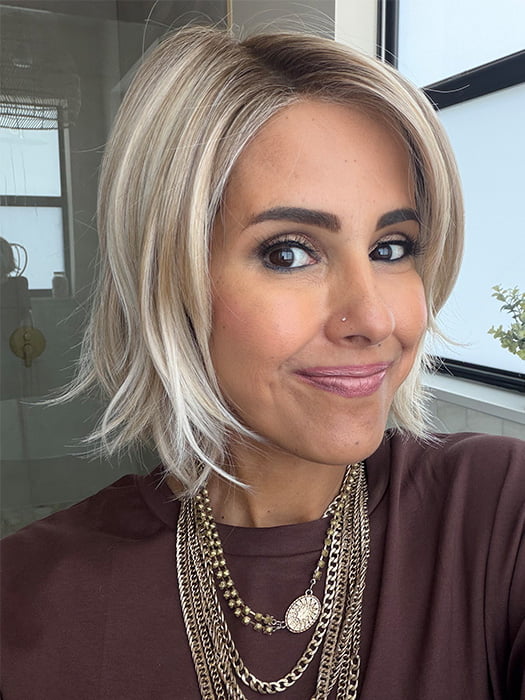 Lorena C. @faux.hurr.lifee wearing MADISON by BELLE TRESS in color CRUSHED ALMOND BLONDE R | A soft Neutral Light Blonde with a Light and Medium Blended Root Color