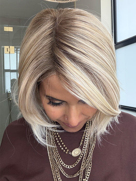 Lorena C. @faux.hurr.lifee wearing MADISON by BELLE TRESS in color CRUSHED ALMOND BLONDE R | A soft Neutral Light Blonde with a Light and Medium Blended Root Color