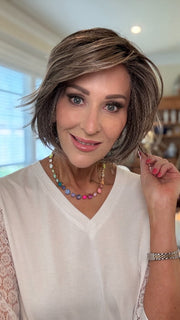 Eileen @crazywiglady is wearing MADISON by BELLE TRESS in color BUTTERED-TOAST-R | A mix of Blonde and Brown tones