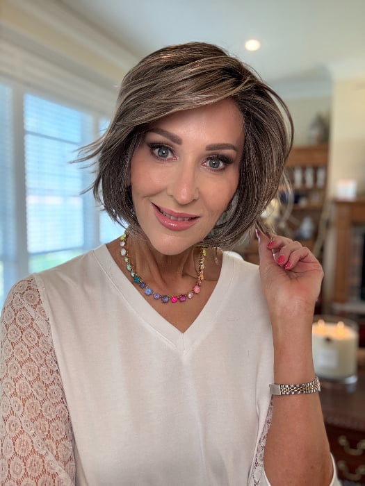 Eileen @crazywiglady is wearing MADISON by BELLE TRESS in color BUTTERED-TOAST-R | A mix of Blonde and Brown tones