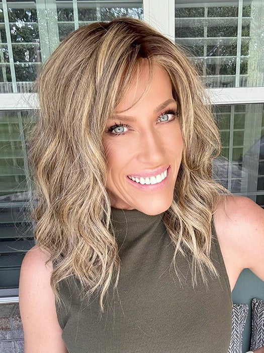 Kristyna Moore @kristynamoore wearing MAEVE by JON RENAU in color 24BT18S8 SHADED MOCHA | Medium Natural Ash Blonde & Light Natural Gold Blonde Blend, Shaded with Medium Brown