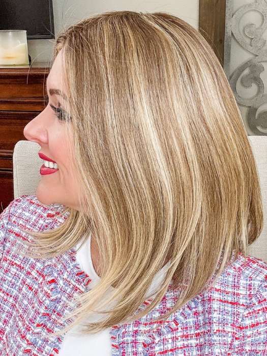 Marcie Mertz @wig.obsessed wearing SOPHISTICATE by TressAllure in color SSB16-10/R10 | Medium Blonde Light Brown Blend Rooted Light Brown