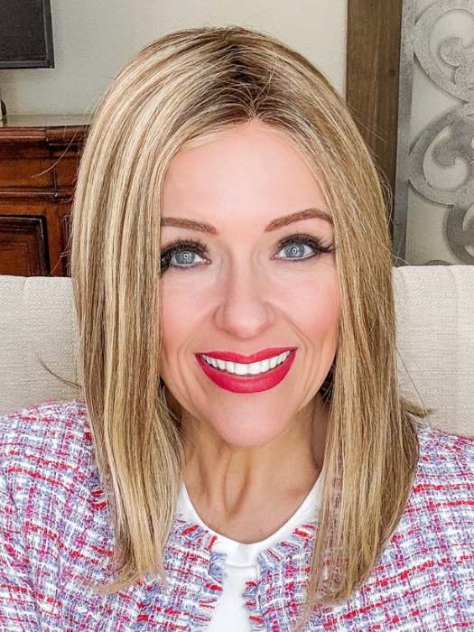 Marcie Mertz @wig.obsessed wearing SOPHISTICATE by TressAllure in color SSB16-10/R10 | Medium Blonde Light Brown Blend Rooted Light Brown
