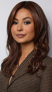 Model is wearing MARGO in color GLAZED AUBURN R | Stunning fusion of deep red, medium copper, and dark chocolate root.