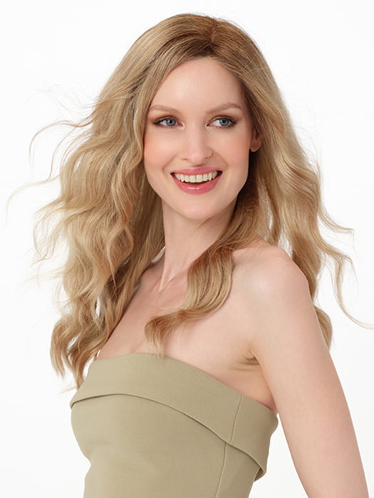MAYA by ENVY in color CHAMPAGNE SHADOW | Soft Dark Blonde with Platinum Highlights and Chestnut Roots