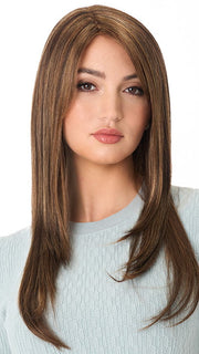 Model is wearing MCKENZIE by ENVY in color CHOCOLATE-CARAMEL | Medium Brown with Soft Red and Blonde highlights