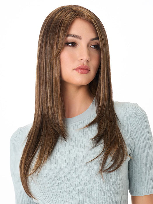 Model is wearing MCKENZIE by ENVY in color CHOCOLATE-CARAMEL | Medium Brown with Soft Red and Blonde highlights