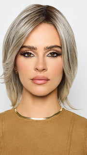 MIKA by Rene of Paris in SILVER OYSTER R | Silver and 
Beige blended base with Rich Brown Root tone. Great substitute tone for Blond