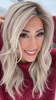 Nichole Corbett @nicholealee wearing MILANO by BELLE TRESS in color MILKSHAKE BLONDE R | A mixture of Light Sandy Brown, Highlighted with Light Ash Blonde with a Hint of Light Platinum Blonde with a Medium Root Color