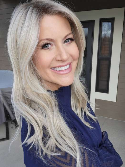 Natalie Gray @vanish.into.thin.hair wearing MILANO by BelleTress in color CRUSHED ALMOND BLONDE R | A soft Neutral Light Blonde with a Light and Medium Blended Root Color.