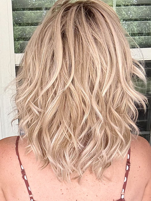 Kristyna Moore @kristynamoore wearing MODENA by BELLE TRESS in color CRUSHED ALMOND BLONDE R | A soft Neutral Light Blonde with a Light and Medium Blended Root Color