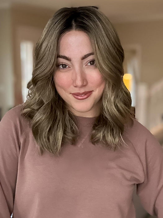 Jen Brown @being_mrs_brown wearing MOLLY by ENVY in color HONEY BREEZE | A blend of Cool, Honey Blonde and Multi-Dimensional Medium Brown with Darker Brown Roots