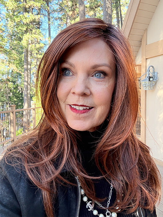 Susan Sparks @an_affair_with_hair wearing MUSIC by ELLEN WILLE in color CINNAMON BROWN ROOTED 33.30.6 | Dark Auburn, Light Auburn and Dark Brown Blend with Shaded Roots
