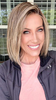 Kristyna Moore @kristynamoore wearing NINA by BELLE TRESS in color BROWN SUGAR COOKIE R | The roots are a Rich Brown Tone that seamlessly transitions into a Warm, Golden-Brown base. Delicate highlights in honey and toffee tones add dimension