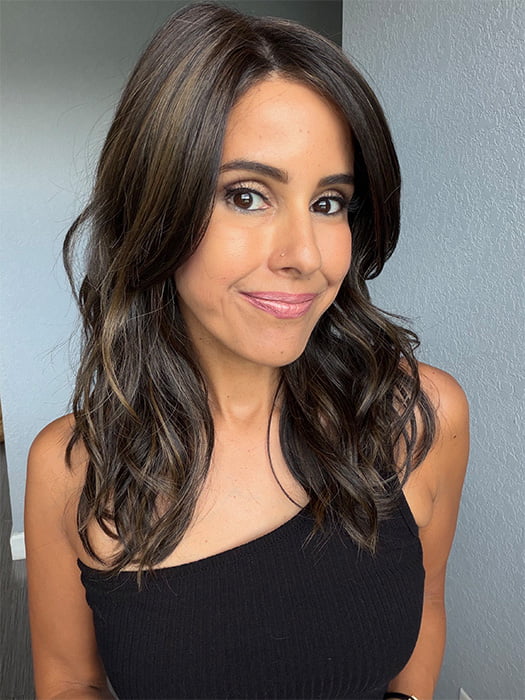 Lorena @faux.hurr.lifee wearing NOTTINGHAM by BELLE TRESS in color TRIPLE CHOCOLATE R | A subtle Cappuccino root Color and a blend of Medium Ash Brown mixed with a slight warmth of Rich Chocolate