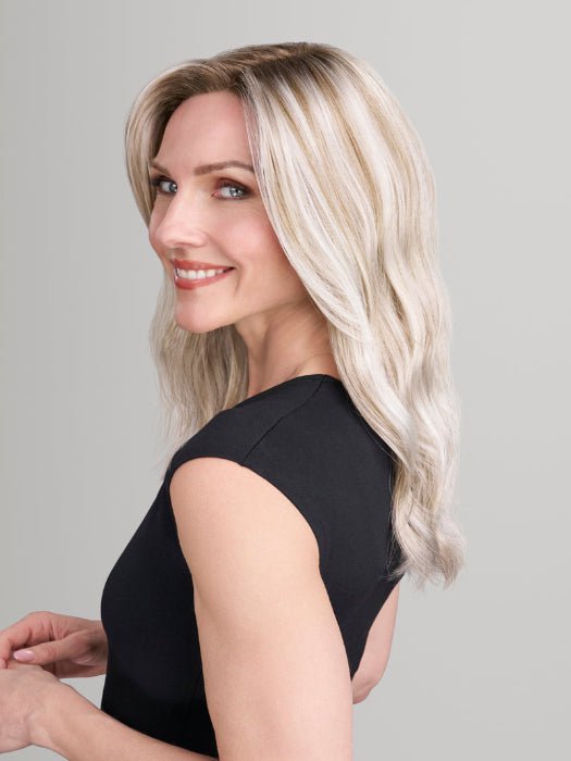 Model is wearing OLIVIA in FS17/101S18 PALM SPRINGS BLONDE | Light Ash Blonde w/ Pure White Natural Violet, Shaded w/ Dark Natural Ash Blonde