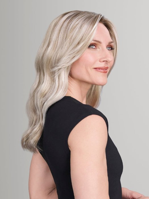 Model is wearing OLIVIA in FS17/101S18 PALM SPRINGS BLONDE | Light Ash Blonde w/ Pure White Natural Violet, Shaded w/ Dark Natural Ash Blonde