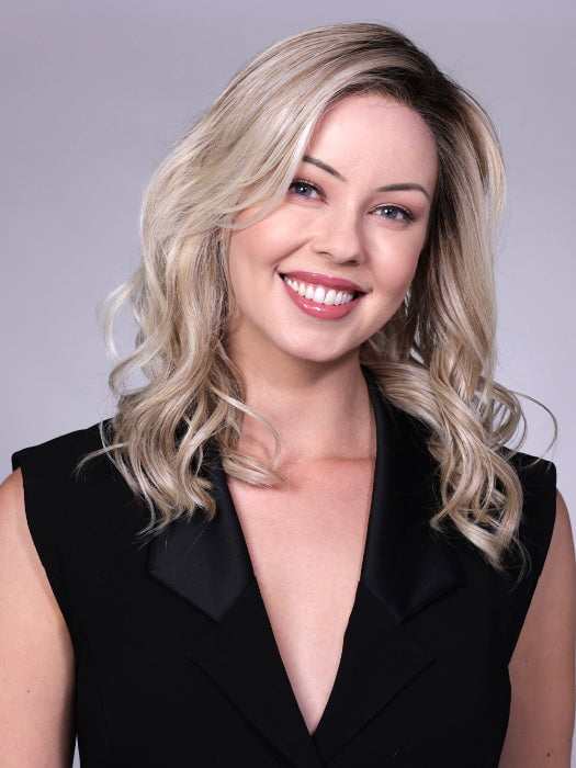 Model is wearing OXFORD in coklor MILKSHAKE BLONDE R | A mixture of Light Sandy Brown, Highlighted with Light Ash Blonde with a Hint of Light Platinum Blonde with a Medium Root Color