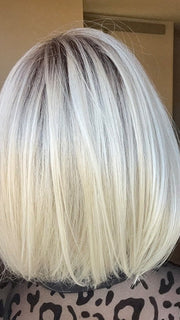 Susan Sparks @an_affair_with_hair wearing PAIGE by ENVY in color PLATINUM SHADOW | Light Blonde with Dark Roots
