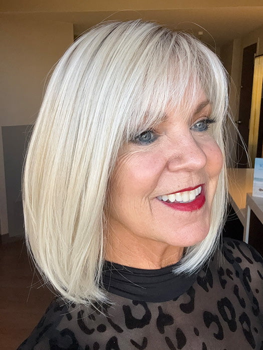 Susan Sparks @an_affair_with_hair wearing PAIGE by ENVY in color PLATINUM SHADOW | Light Blonde with Dark Roots