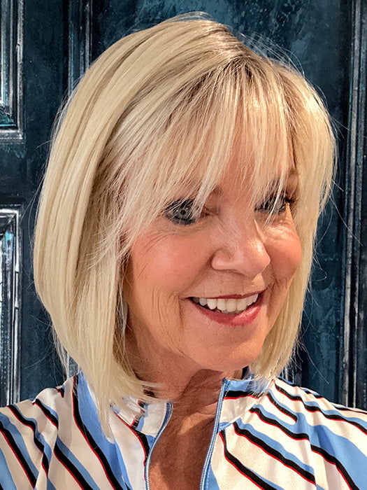 Susan Sparks @an_affair_with_hair wearing PAIGE by ENVY in color PLATINUM SHADOW | Light Blonde with Dark Roots