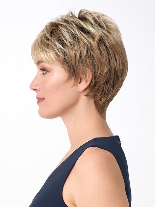 Model is wearing PENELOPE by ENVY in color SPARKLING CHAMPAGNE | Medium Brown roots with overall Strawberry Blonde base and soft Golden Blonde highlights