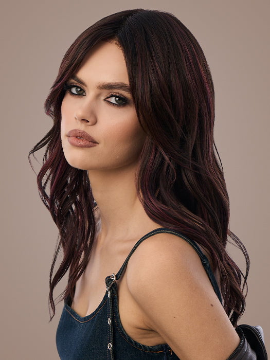 Model is wearing DEEP PLUM BROWN- R | A rich blend of deep plum and dark brown tones, enhanced by a dark root that creates a bold and dramatic impression.