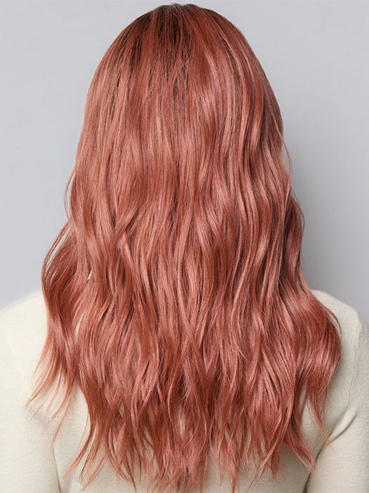 Model is wearing POSH WAVEZ in DUSTY ROSE | Medium Coral Red Base with Dark Brown Roots