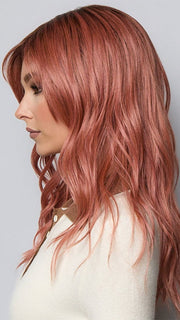 Model is wearing POSH WAVEZ in DUSTY ROSE | Medium Coral Red Base with Dark Brown Roots
