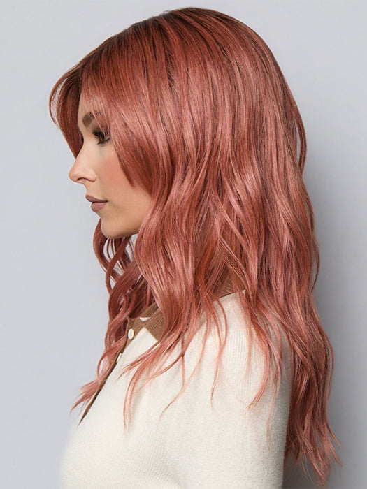 Model is wearing POSH WAVEZ in DUSTY ROSE | Medium Coral Red Base with Dark Brown Roots