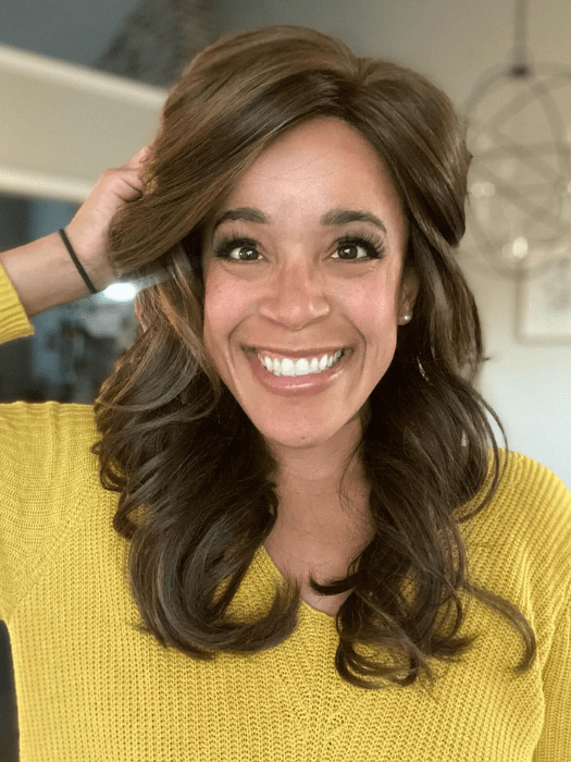 Brea @getwiggywithbrea wearing STROKE OF GENIUS by RAQUEL WELCH WIGS in color RL10/12 SUNLIT CHESTNUT | Light Chestnut Brown Evenly Blended with Light Brown