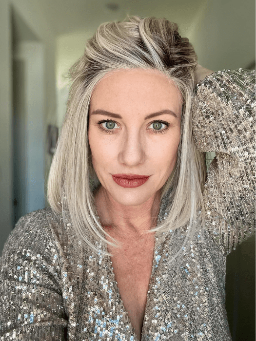 Jenny B. @thewiggygirl wearing CURRENT EVENTS by RAQUEL WELCH WIGS in color RL16/22SS SHADED ICED SWEET CREAM | Pale Blonde with Slight Platinum Highlighting with Dark Roots