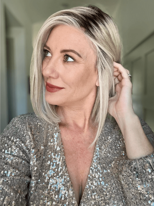 Jenny B. @thewiggygirl wearing CURRENT EVENTS by RAQUEL WELCH WIGS in color RL16/22SS SHADED ICED SWEET CREAM | Pale Blonde with Slight Platinum Highlighting with Dark Roots