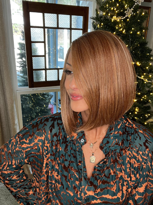 Jenna Fail @jenna_fail wearing CURRENT EVENTS by RAQUEL WELCH WIGS in color RL29/33SS ICED PUMPKIN SPICE | Strawberry Blonde Shaded with Dark Red-Brown