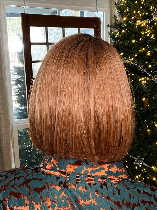 Jenna Fail @jenna_fail wearing CURRENT EVENTS by RAQUEL WELCH WIGS in color RL29/33SS ICED PUMPKIN SPICE | Strawberry Blonde Shaded with Dark Red-Brown