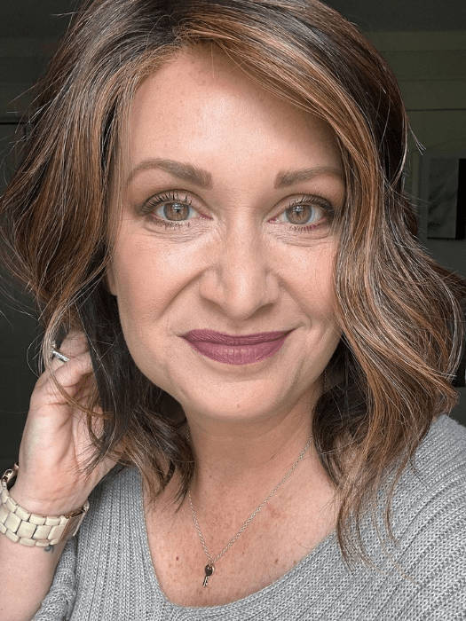 Emily Herrin @she_sheds_more wearing SIMMER ELITE by RAQUEL WELCH in color RL8/29SS SHADED HAZELNUT | Warm Medium Brown Evenly Blended with Ginger Blonde with Dark Roots