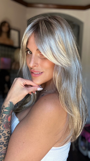 Tahnee Brown @thehairmama wearing CAMILLA by JON RENAU in color 12FS8 SHADED PRALINE | Light Gold Brown, Light Natural Gold Blonde & Pale Natural Gold-Blonde Blend, Shaded with Medium Brown