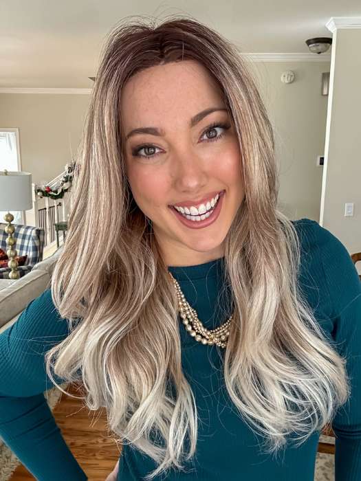 Jen Brown @being_mrs_brown wearing LENNOX by RENE OF PARIS in color MELTED-MARSHMALLOW | Subtly warm dark sandy blonde blend with medium brown roots and light ash blonde tips and highlights. PPC MAIN IMAGE 
