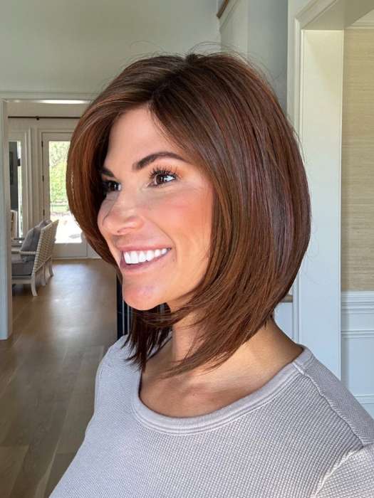 Katy C. @thewigeducator wearing FINDLEY by AMORE in color CHERRY-BROWN-R | Medium Rich Brown and Soft Reddish Brown Base with Medium Red Highlights
