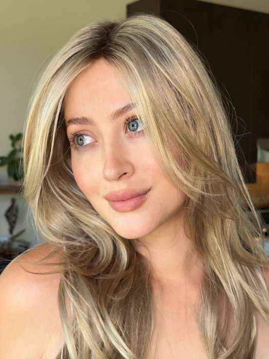 Steph B @wigswithsteph wearing ANGELICA by NORIKO in color MOCHA H | Rooted Dark with Medium Ash Blonde with Platinum Blonde highlight