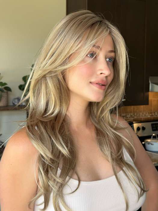 Steph B @wigswithsteph wearing ANGELICA by NORIKO in color MOCHA H | Rooted Dark with Medium Ash Blonde with Platinum Blonde highlight

