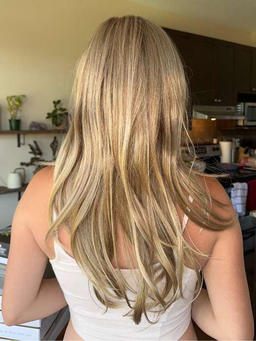 Steph B @wigswithsteph wearing ANGELICA by NORIKO in color MOCHA H | Rooted Dark with Medium Ash Blonde with Platinum Blonde highlight

